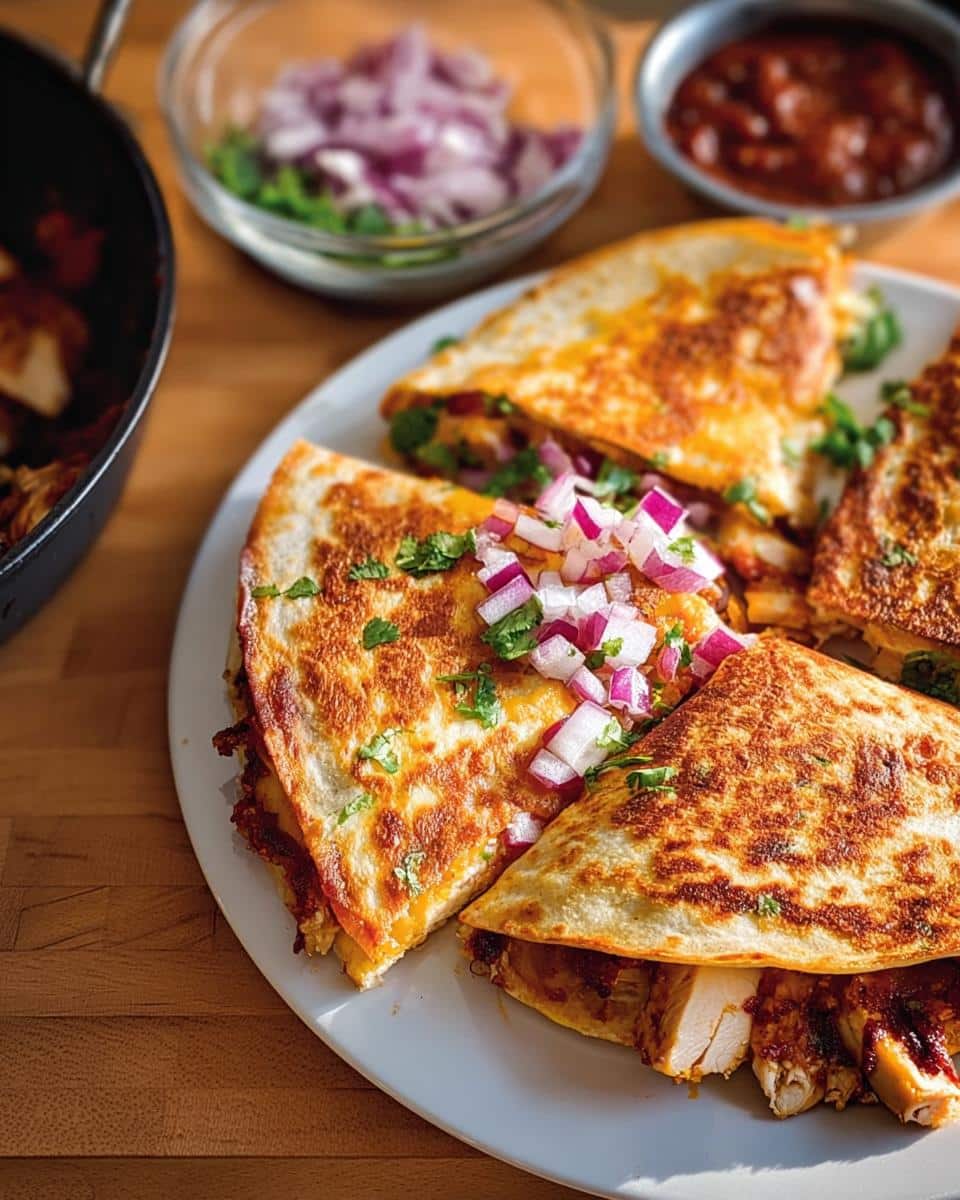 Close-up of golden-brown BBQ Chicken Quesadillas, topped with fresh red onions and cilantro, served on a white plate.