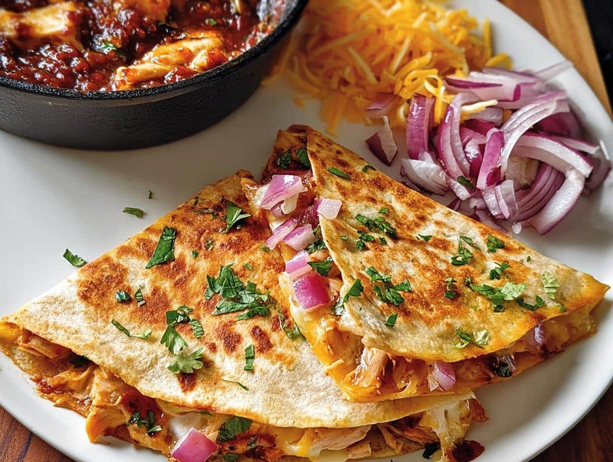 Close-up of golden-brown BBQ Chicken Quesadillas topped with fresh cilantro and red onion, served with shredded cheese and a side of BBQ sauce.