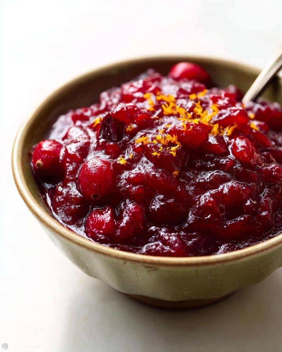 A close-up of homemade cranberry sauce, a vibrant red Thanksgiving side dish, topped with orange zest.