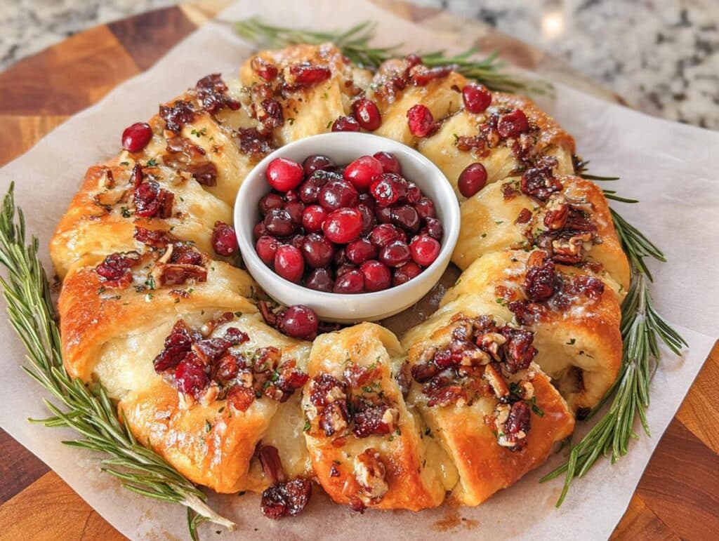 A golden-brown Brie & Cranberry Christmas Wreath Appetizer topped with pecans and rosemary.