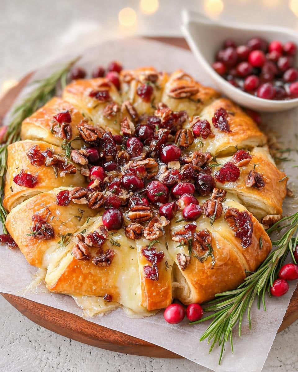 A golden-brown pastry wreath filled with melted brie cheese, topped with cranberries, pecans, and rosemary.
