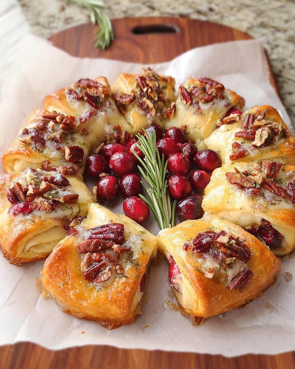 A festive Brie & Cranberry Christmas Wreath Appetizer made with golden puff pastry, topped with pecans and herbs.