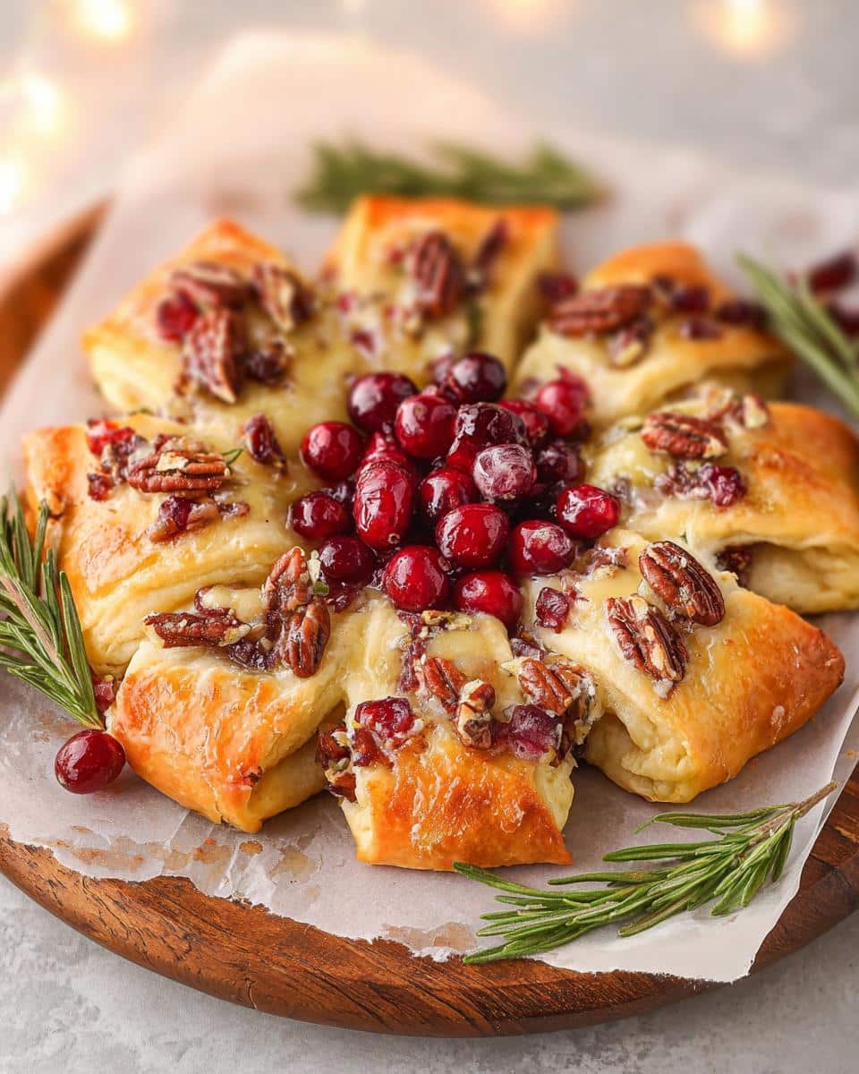 A festive Brie & Cranberry Christmas Wreath Appetizer made with puff pastry, topped with cranberries and pecans.