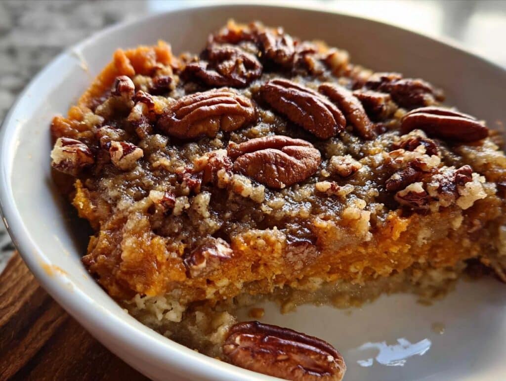 A delicious slice of Brown Sugar Pecan Sweet Potato Casserole, topped with whole and chopped pecans.