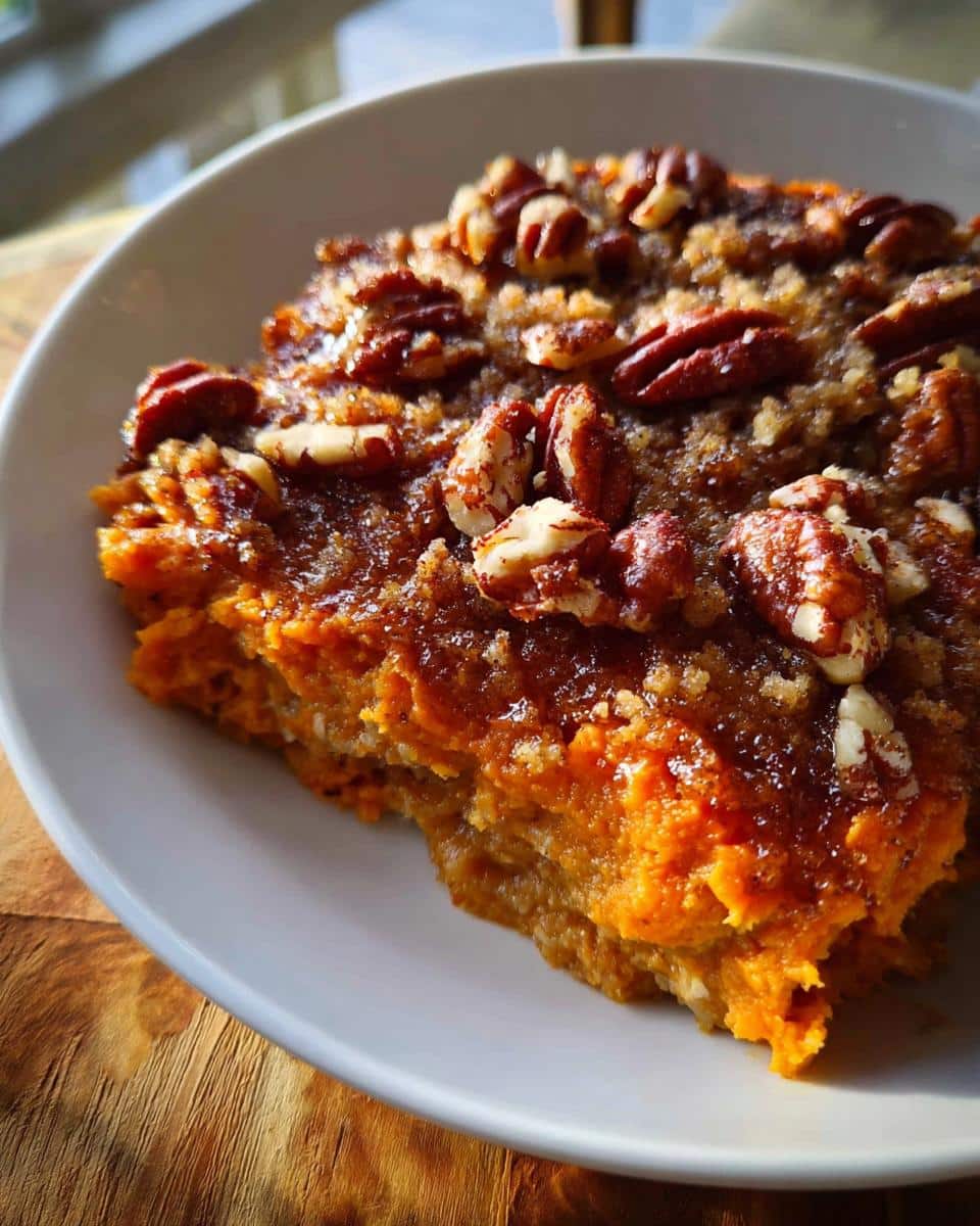 A close-up of a slice of Brown Sugar Pecan Sweet Potato Casserole, topped with pecans and a glistening glaze.