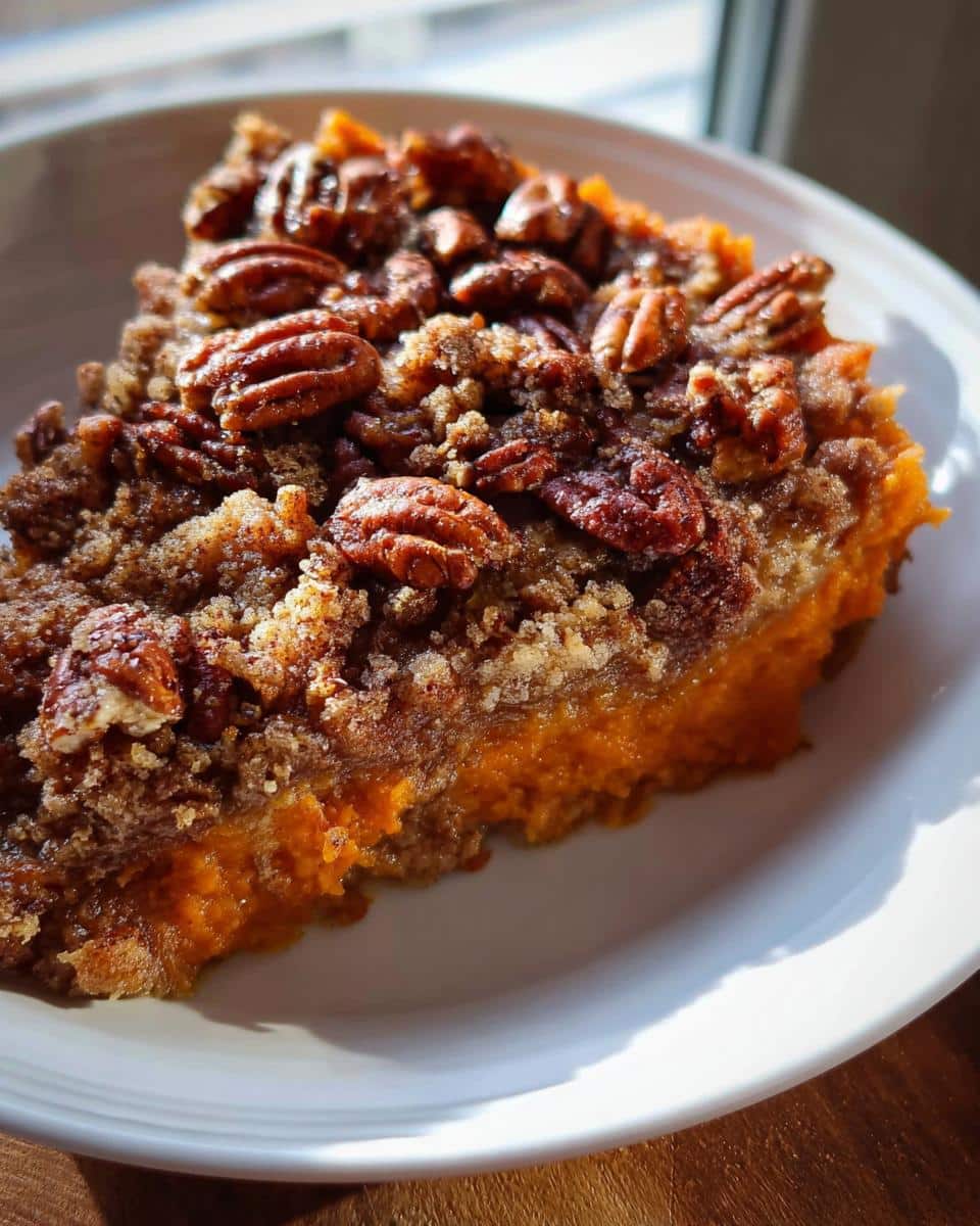 A delicious slice of Brown Sugar Pecan Sweet Potato Casserole topped with toasted pecans and a crumb topping.
