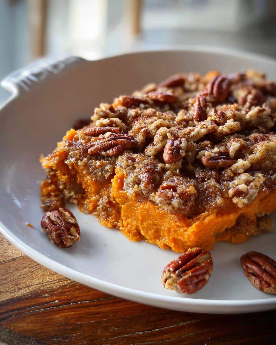 A close-up of a serving of Brown Sugar Pecan Sweet Potato Casserole, topped with crunchy pecans and a crumble.