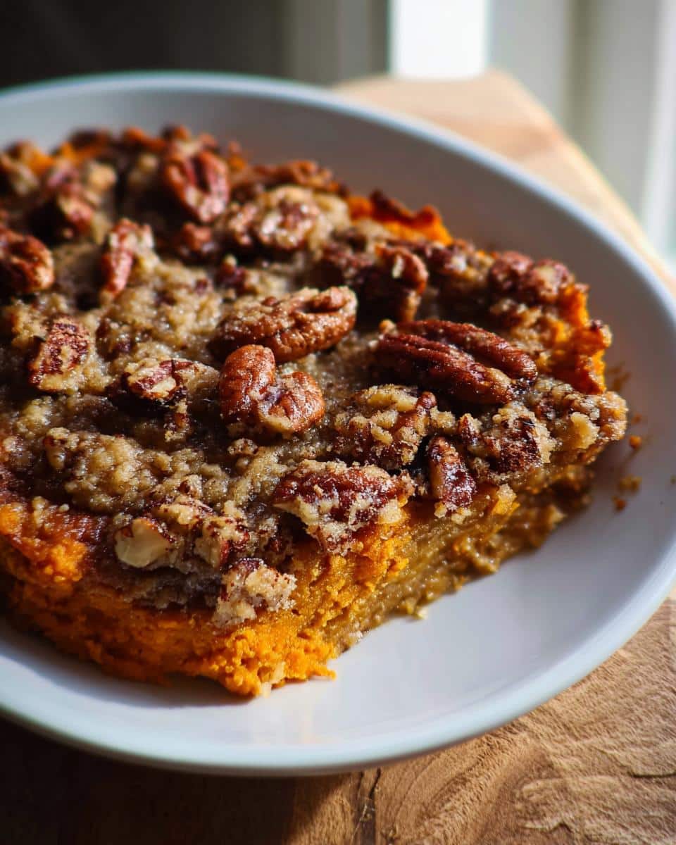 A close-up of a slice of Brown Sugar Pecan Sweet Potato Casserole in a white dish, topped with toasted pecans.