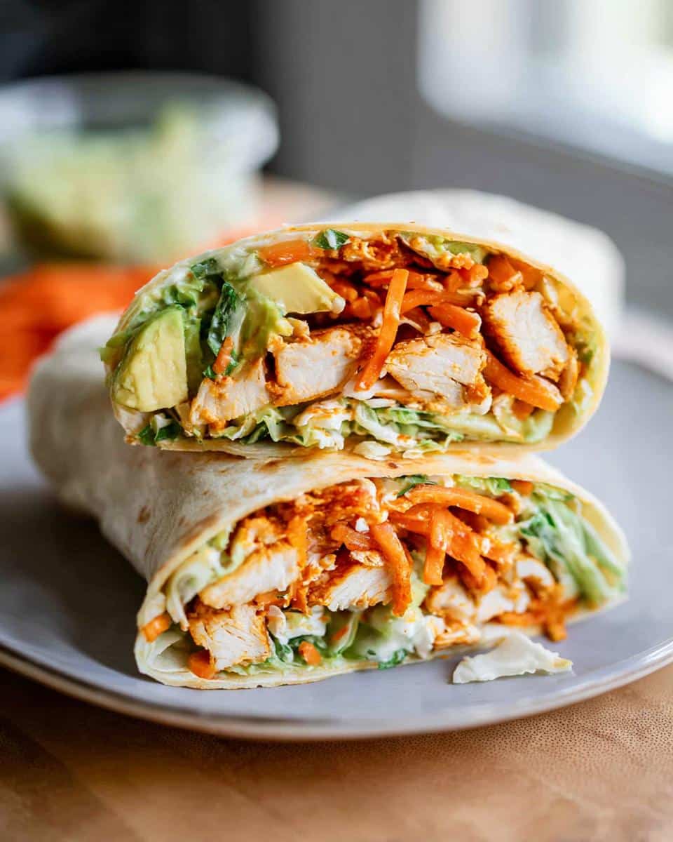 A close-up of two halves of a Buffalo Chicken Wrap, showing tender chicken, shredded carrots, avocado slices, and lettuce.