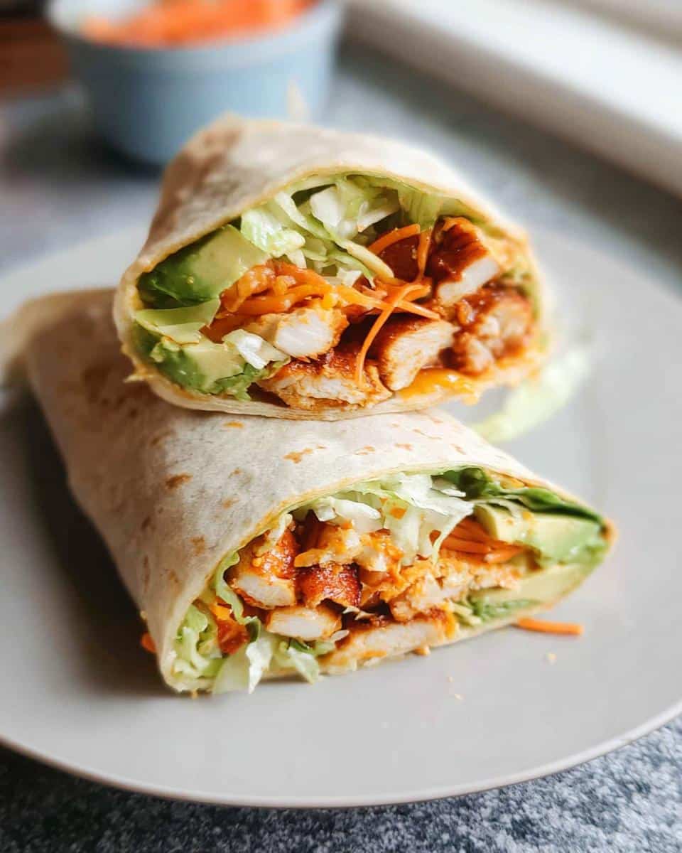 Close-up of two halves of a Buffalo Chicken Wrap, filled with shredded lettuce, avocado slices, shredded carrots, and saucy chicken.