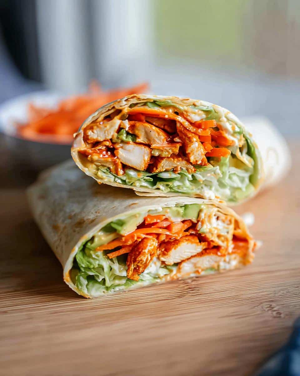 Close-up of a halved Buffalo Chicken Wrap filled with shredded lettuce, carrots, avocado, and buffalo chicken.