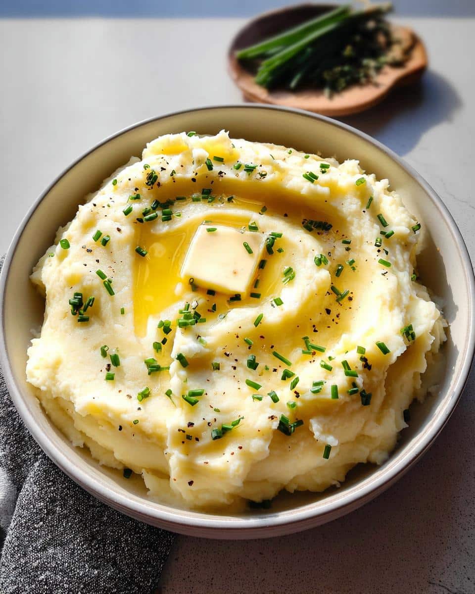 A bowl of fluffy buttermilk mashed potatoes topped with melted butter and fresh chives.