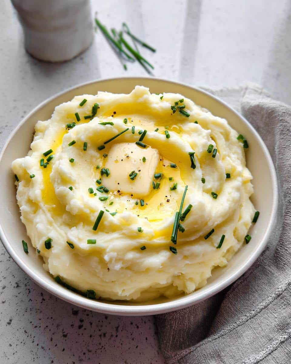 A close-up of creamy buttermilk mashed potatoes topped with a pat of butter, melted butter, and fresh chives.