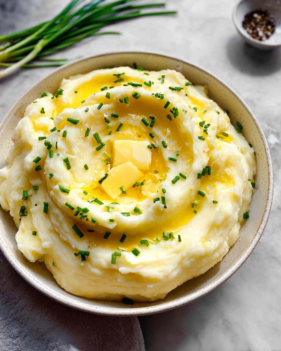 A close-up of creamy buttermilk mashed potatoes topped with melting butter and fresh chives.