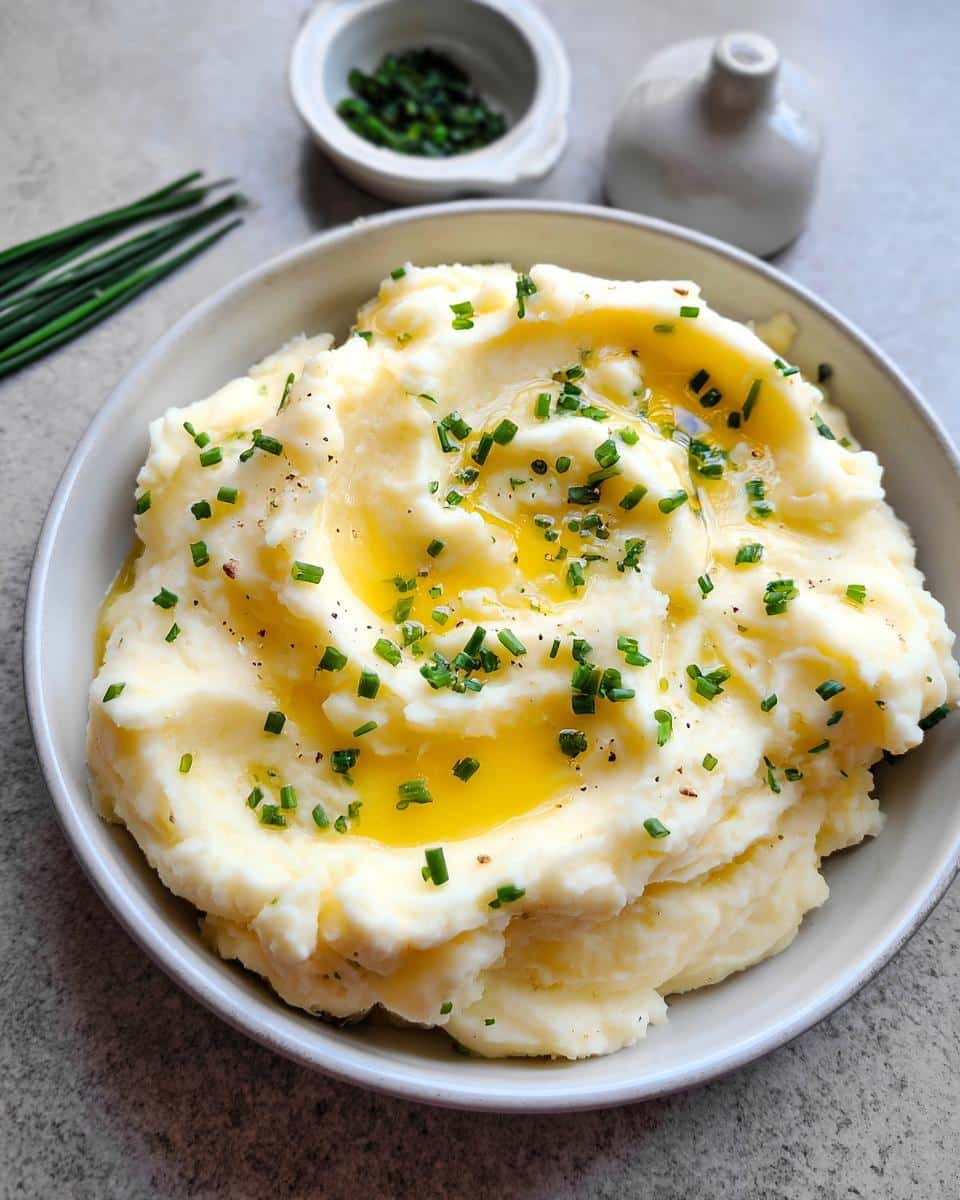 Close-up of fluffy Buttermilk Mashed Potatoes topped with melted butter and fresh chives.