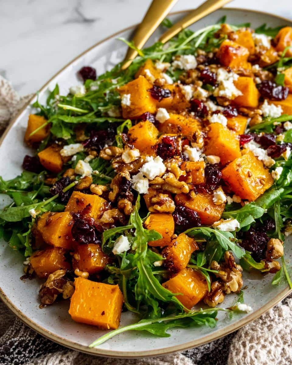 A vibrant Butternut Squash Feta Salad featuring roasted squash, arugula, feta cheese, dried cranberries, and walnuts.
