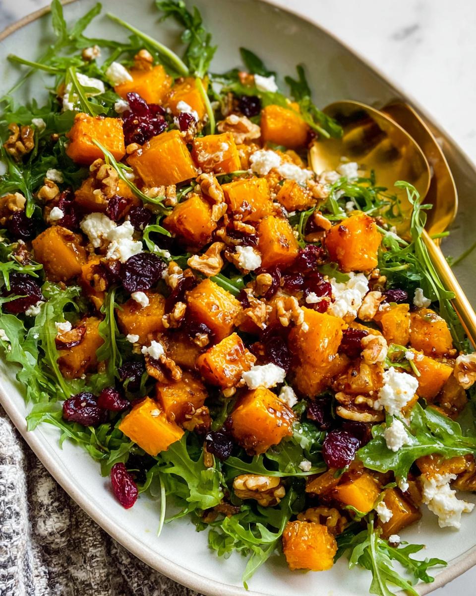 A vibrant Butternut Squash Feta Salad featuring roasted squash, crumbled feta, walnuts, and dried cranberries on a bed of arugula.