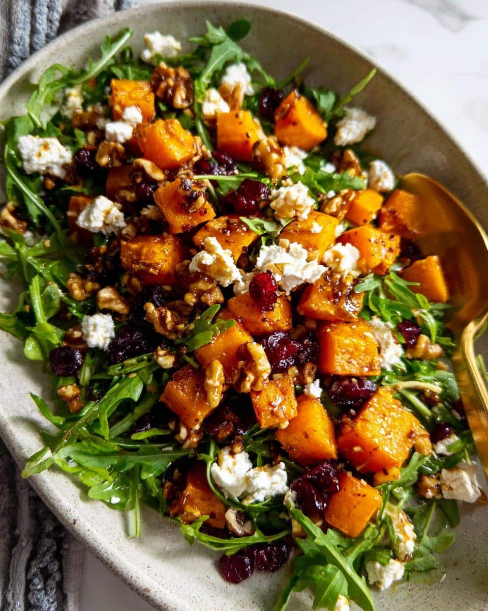 A vibrant Butternut Squash Feta Salad featuring roasted squash cubes, crumbled feta cheese, walnuts, and dried cranberries on a bed of arugula.