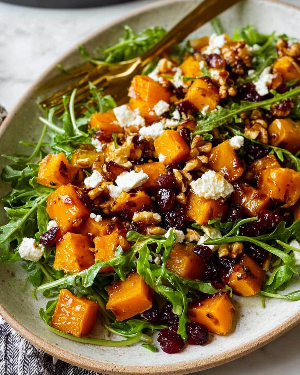 A vibrant Butternut Squash Feta Salad featuring roasted squash, crumbled feta, dried cranberries, walnuts, and arugula.