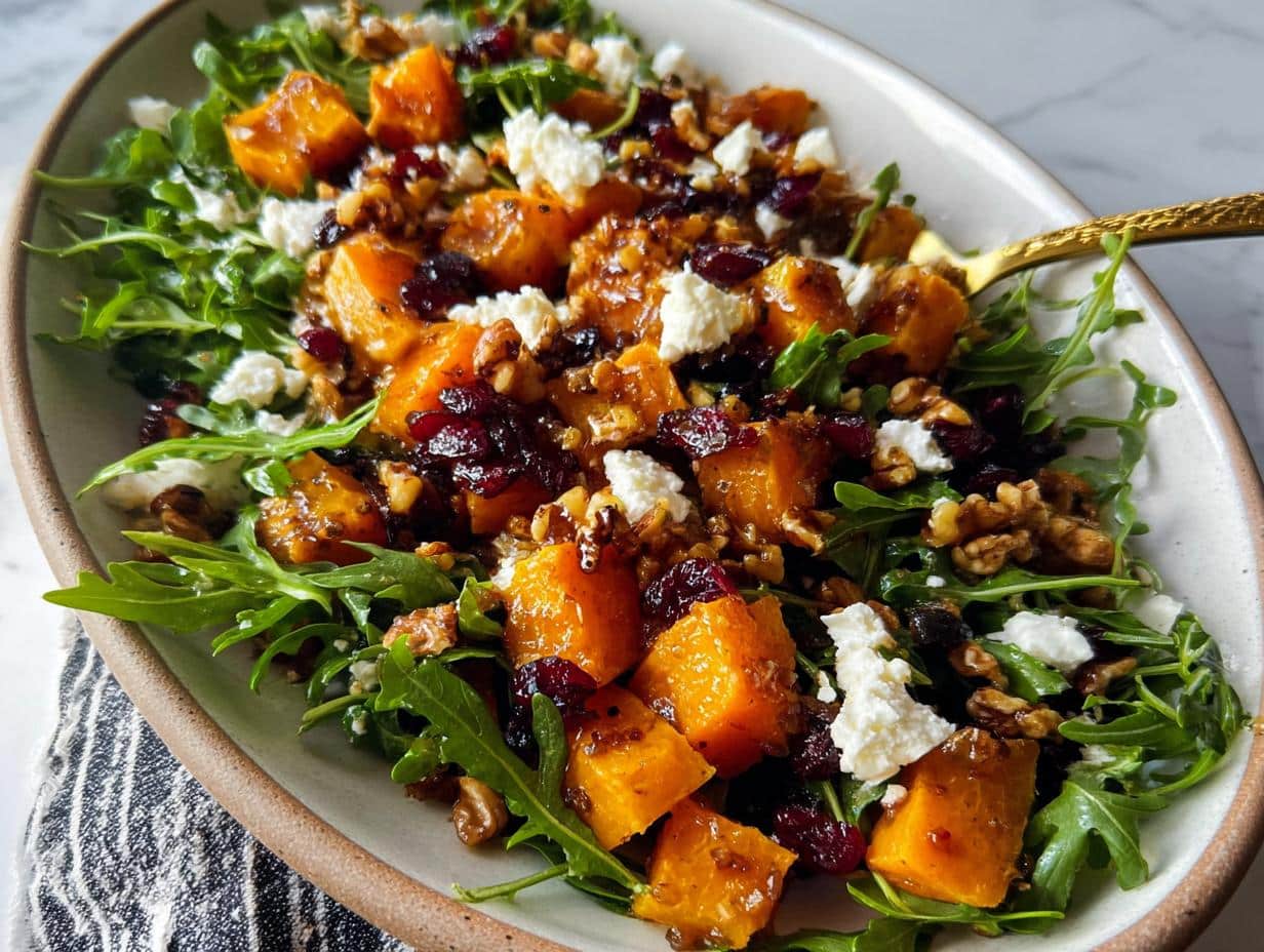 A close-up of a Butternut Squash Feta Salad featuring roasted squash, crumbled feta, dried cranberries, and walnuts on a bed of arugula.