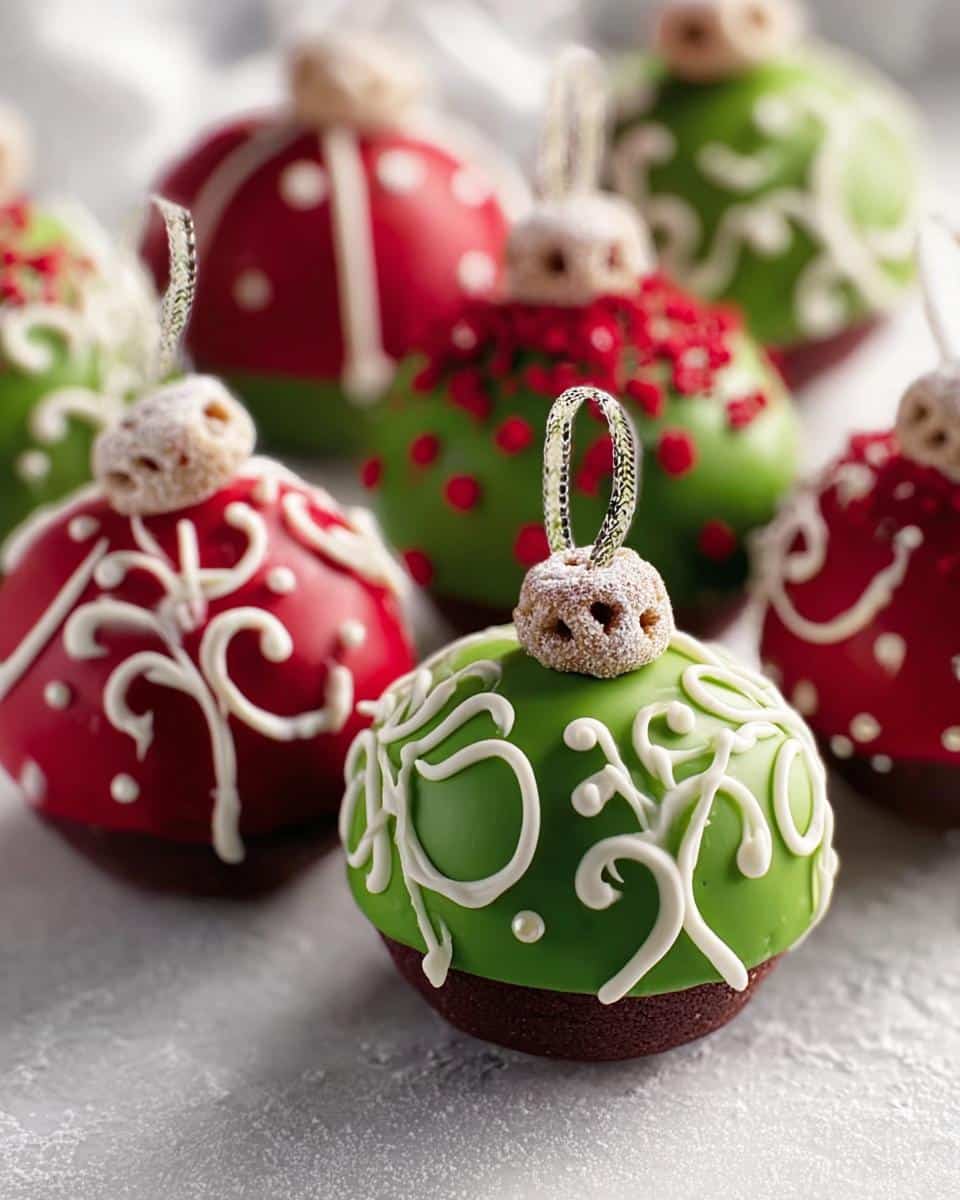 Close-up of beautifully decorated cake ball ornaments in red and green with white icing details.