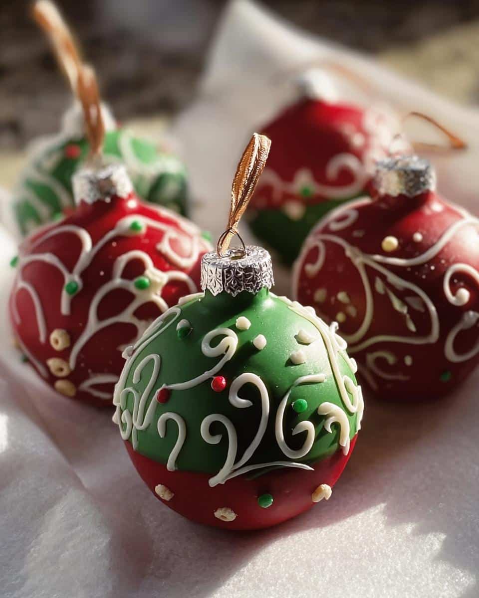 Close-up of festive red and green cake ball ornaments decorated with white icing and sprinkles.