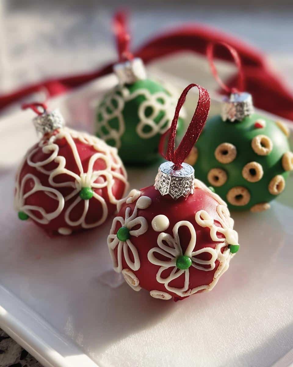 Close-up of four decorative cake ball ornaments in red and green, adorned with white icing and festive details.