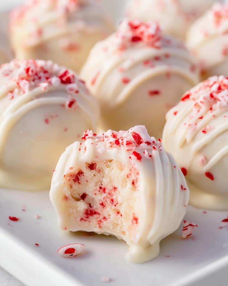 A close-up of a white chocolate-dipped Candy Cane Cake Pop with a bite taken out, revealing the cake and crushed candy cane inside.