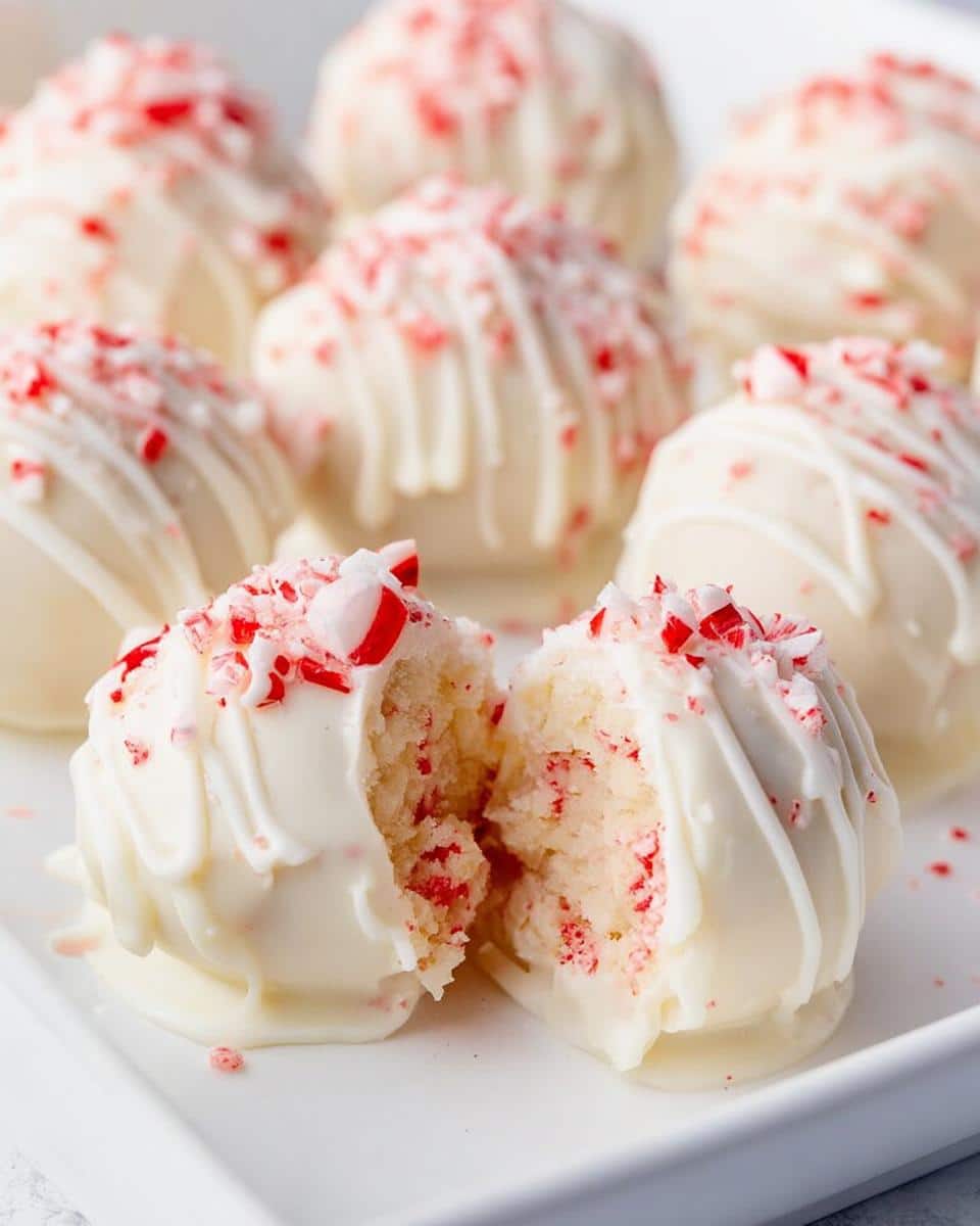 Close-up of a Candy Cane Cake Pop, one is broken in half revealing the cake inside, drizzled with white chocolate and crushed candy canes.