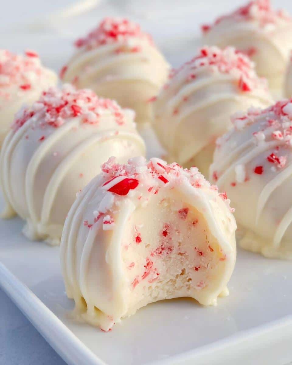 Close-up of a white chocolate Candy Cane Cake Pop, with a bite taken out, revealing the cake interior with crushed candy cane pieces.