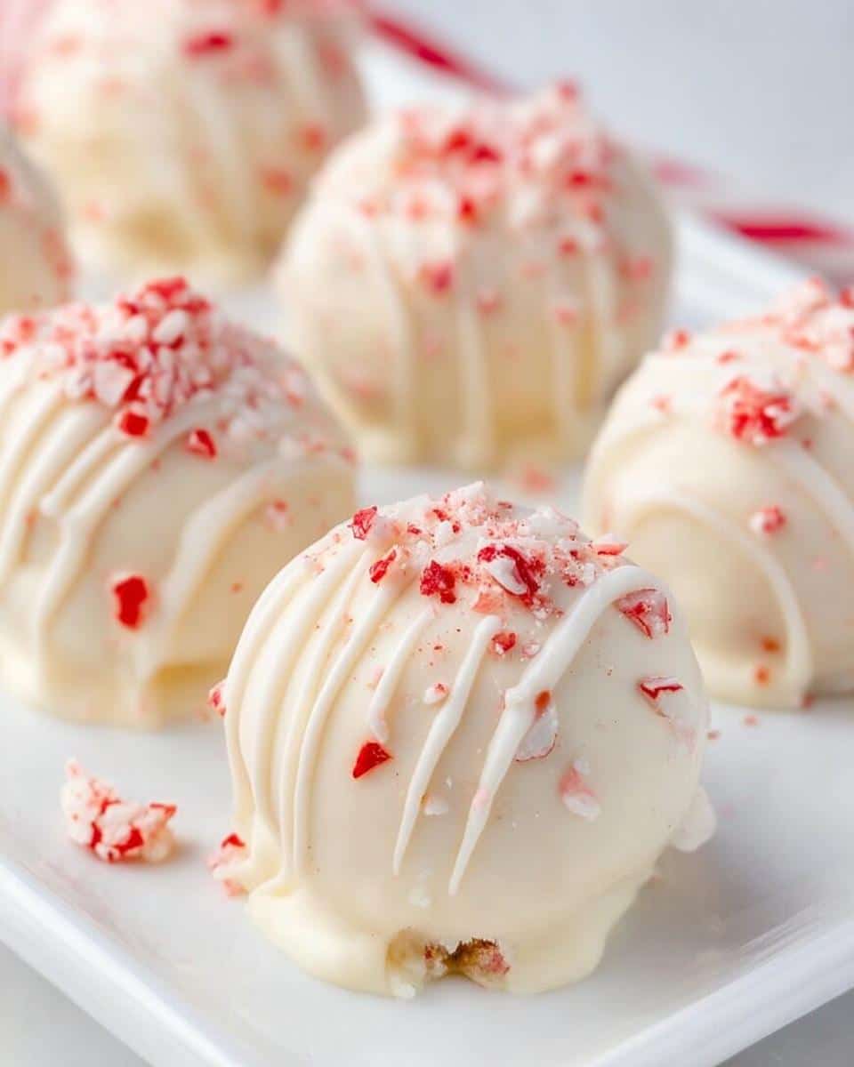 Close-up of white chocolate-dipped Candy Cane Cake Pops, drizzled with white chocolate and sprinkled with crushed candy canes.