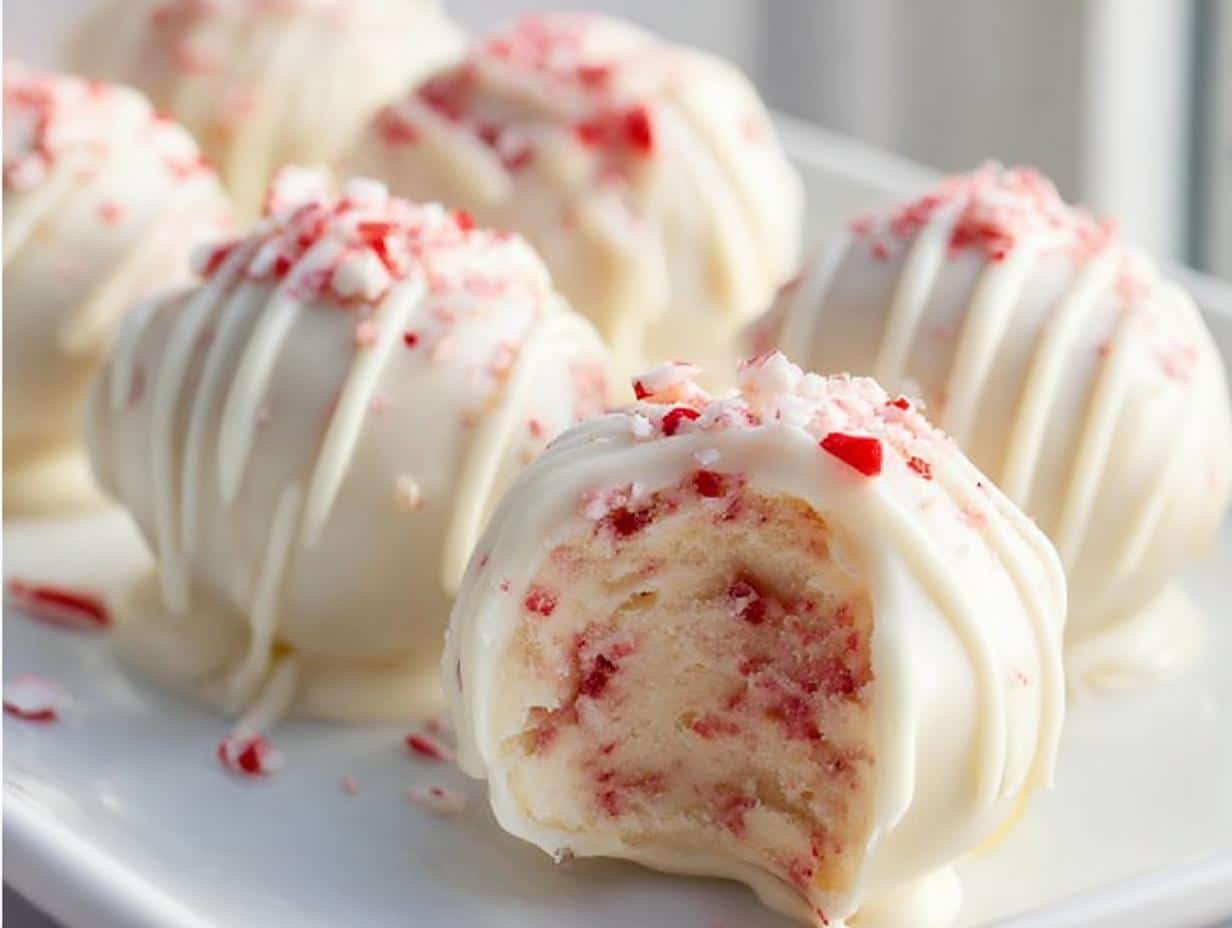 Close-up of festive Candy Cane Cake Pops, one bitten into, showing the cake crumb and crushed candy cane inside, drizzled with white chocolate.