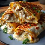 A close-up of Cheesy Garlic Chicken Wraps, showing tender chicken and melted cheese spilling out, garnished with parsley.