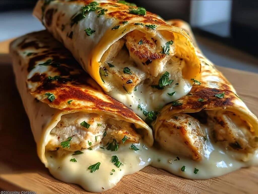 Close-up of delicious Cheesy Garlic Chicken Wraps, with melted cheese oozing out and garnished with parsley.