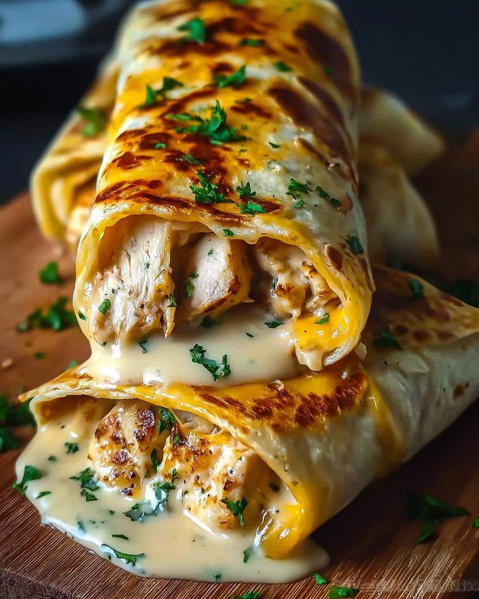 Close-up of two Cheesy Garlic Chicken Wraps, overflowing with tender chicken, melted cheese, and creamy garlic sauce, garnished with parsley.