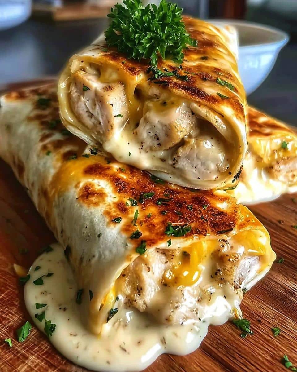 Close-up of two Cheesy Garlic Chicken Wraps, oozing with melted cheese and garnished with parsley.