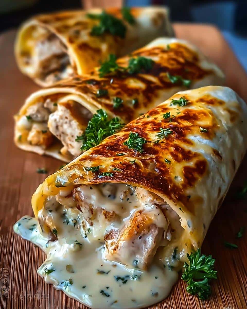 Close-up of delicious Cheesy Garlic Chicken Wraps, with creamy sauce oozing out and garnished with parsley.