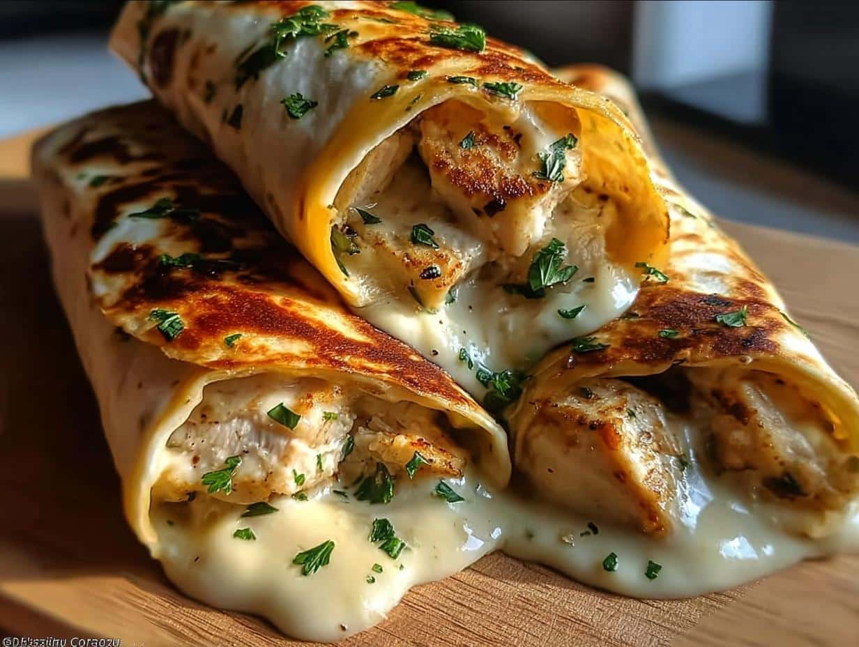 Close-up of delicious Cheesy Garlic Chicken Wraps, with melted cheese oozing out and garnished with parsley.