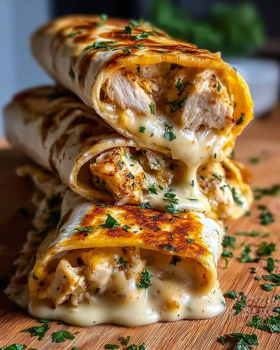 Close-up of Cheesy Garlic Chicken Wraps stacked, with melted cheese oozing out and garnished with parsley.