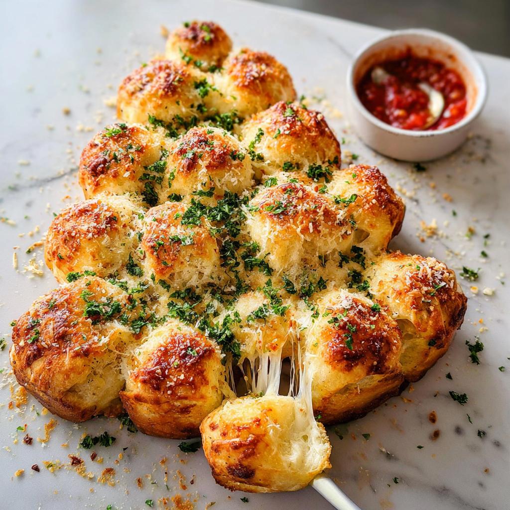 A festive Cheesy Pull-Apart Christmas Tree Bread with gooey cheese strings, garnished with parsley and served with a side of marinara sauce.