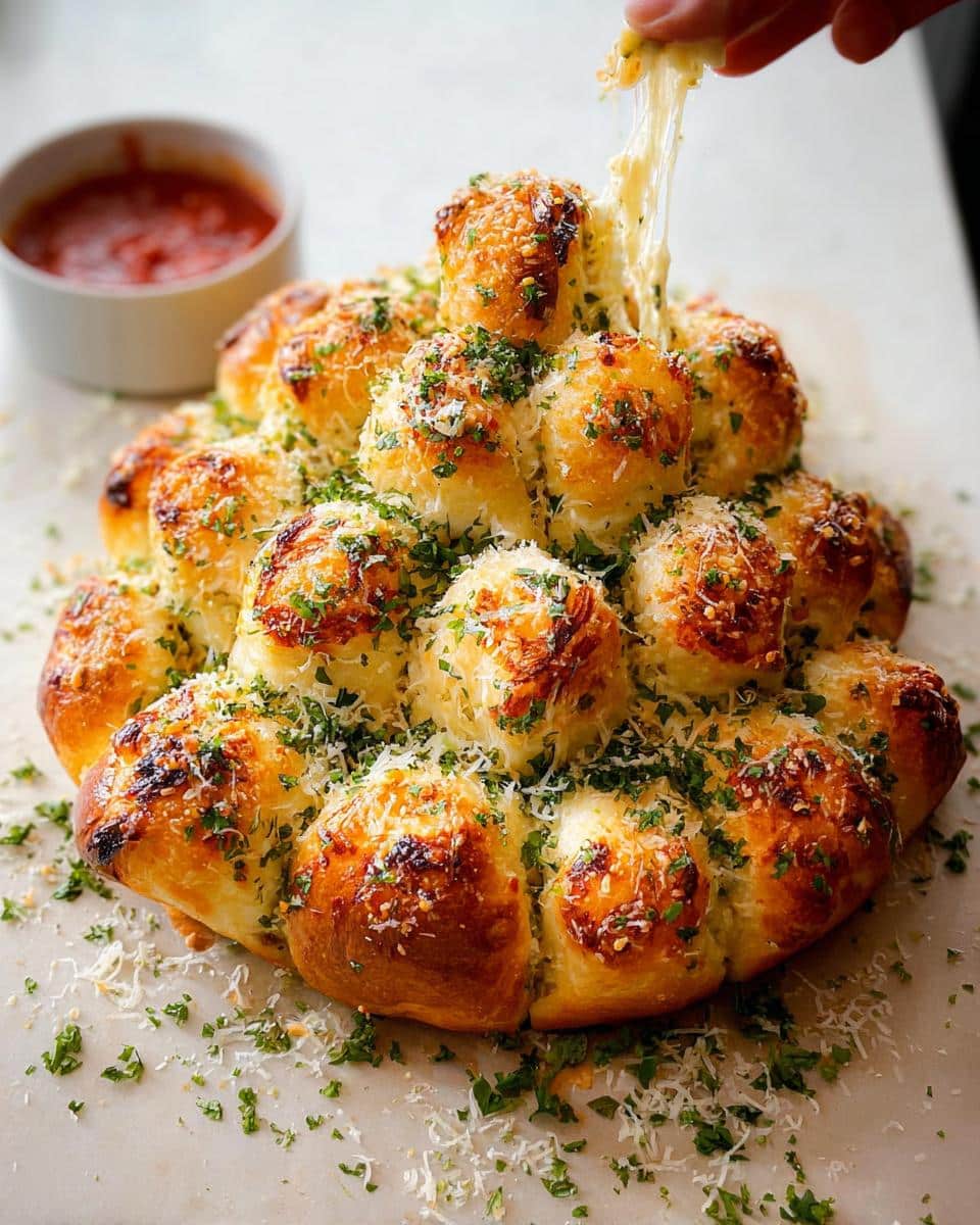 A hand pulling a piece of Cheesy Pull-Apart Christmas Tree Bread, revealing a long, satisfying cheese pull.