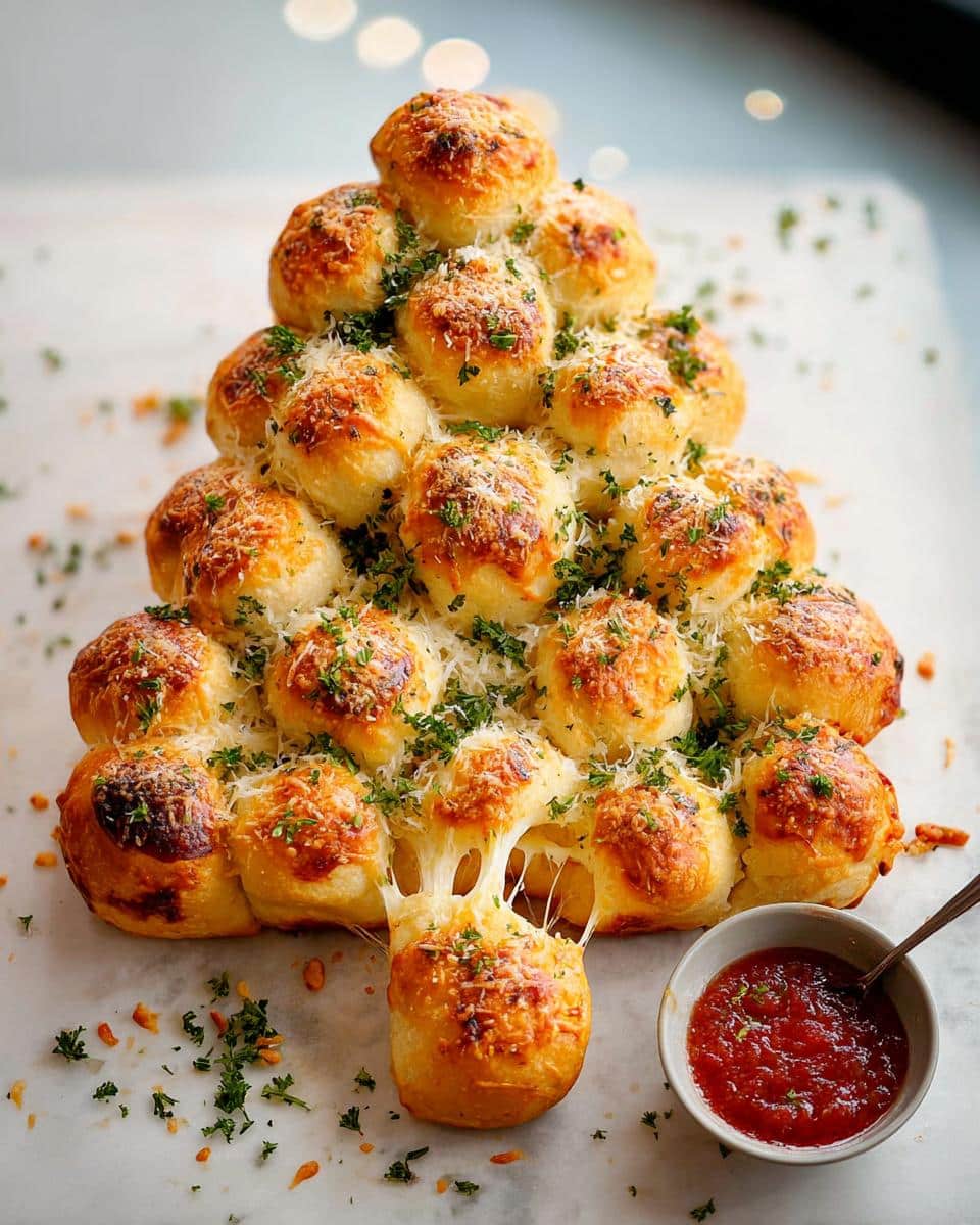 A festive Cheesy Pull-Apart Christmas Tree Bread with gooey cheese stretching from a pulled-apart section, served with marinara sauce.