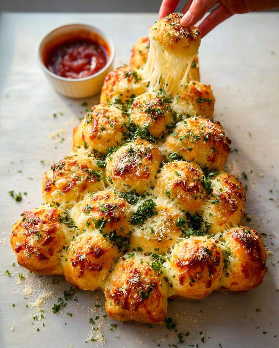A hand pulling a piece from a Cheesy Pull-Apart Christmas Tree Bread, showing a long cheese pull.