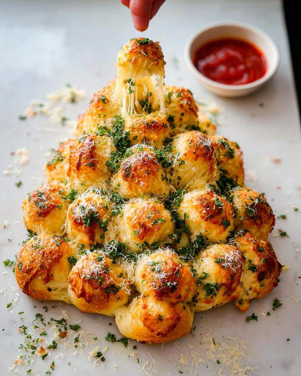 A hand pulling a piece of Cheesy Pull-Apart Christmas Tree Bread, revealing a long, gooey cheese pull.