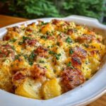 A close-up of a white baking dish filled with Cheesy Ranch Potatoes and Smoked Sausage, topped with melted cheese and parsley.