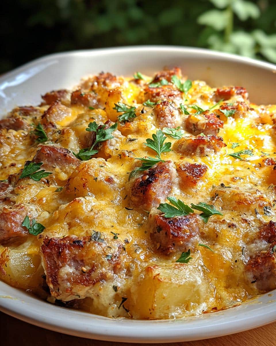 A close-up of a casserole dish filled with Cheesy Ranch Potatoes and Smoked Sausage, topped with melted cheese and parsley.
