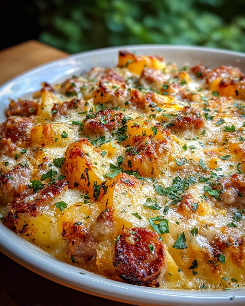 Close-up of a casserole dish filled with Cheesy Ranch Potatoes and Smoked Sausage, topped with melted cheese and parsley.