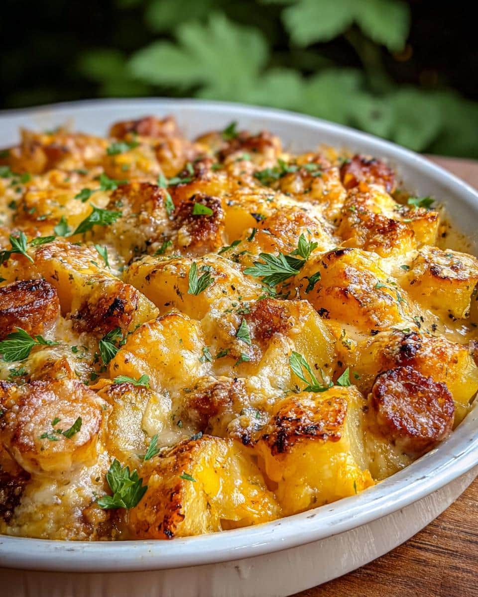 Close-up of a white baking dish filled with Cheesy Ranch Potatoes with Smoked Sausage, topped with melted cheese and parsley.