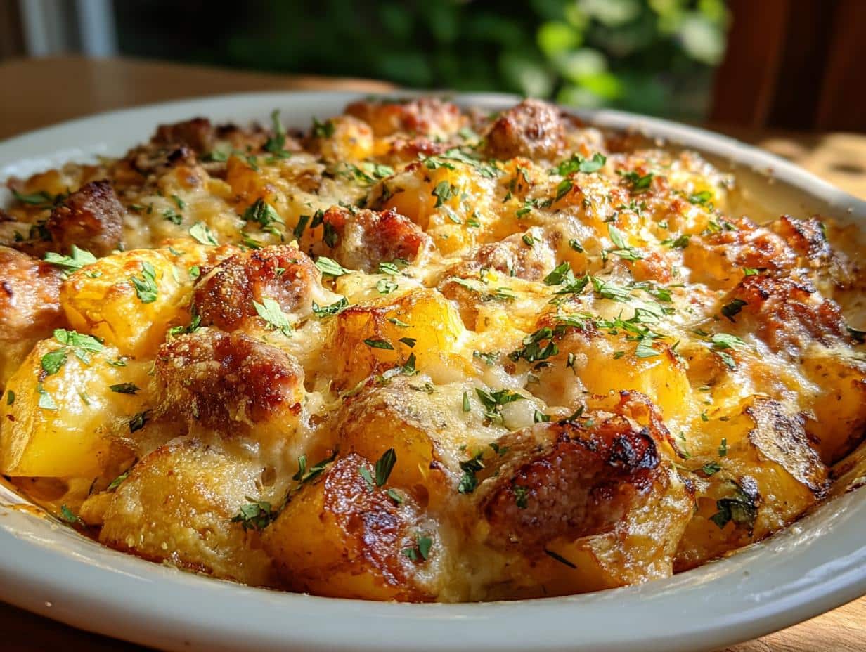 Close-up of a baked casserole dish filled with Cheesy Ranch Potatoes and Smoked Sausage, topped with melted cheese and parsley.