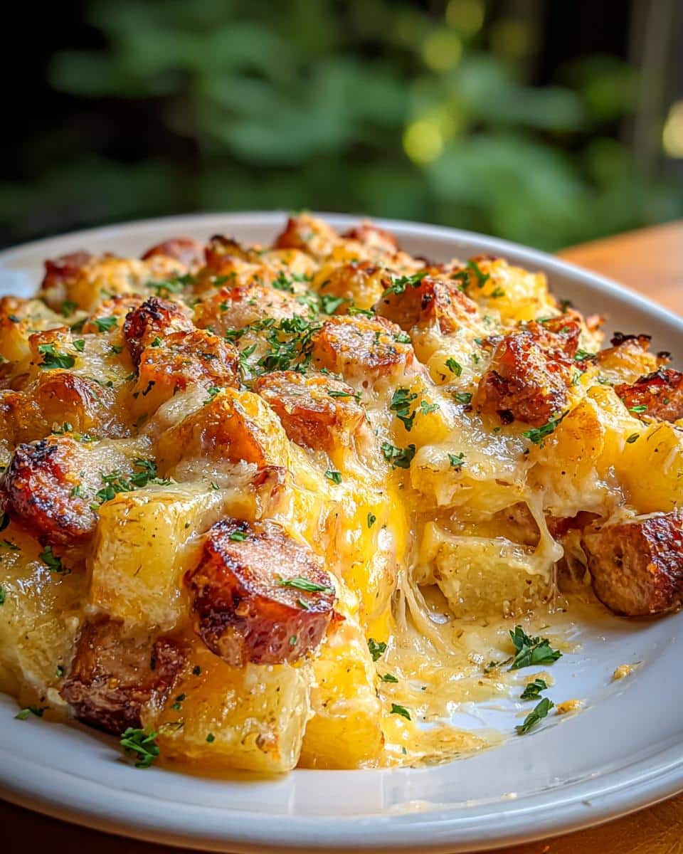 Close-up of Cheesy Ranch Potatoes with Smoked Sausage, topped with melted cheese and parsley.